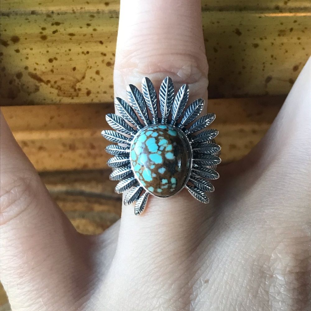 Natural Blue Turquoise Feather Crown Ring Size 7